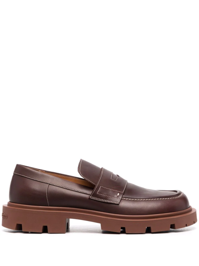 Maison Margiela Topstitched Leather Penny Loafers In Brown