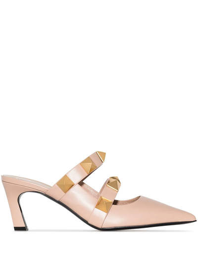 Valentino Garavani Neutral 65 Roman Stud Leather Mules In Nocolor