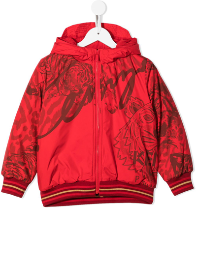 Kenzo Kids' Tiger Print Hooded Puffer Jacket In Red