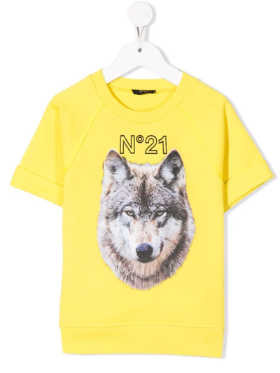 N°21 Kids' Wolf-print Short-sleeve Cotton Sweatshirt In Yellow