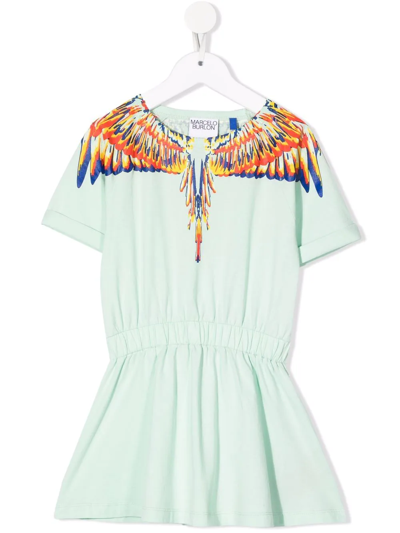 Marcelo Burlon County Of Milan Kids' Wings-print Elasticated Waistband Dress In Green