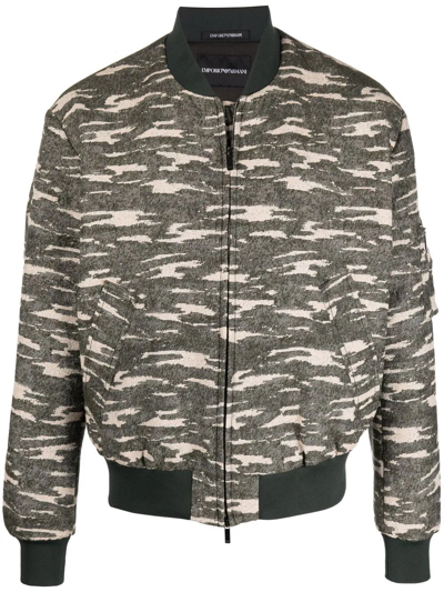 Emporio Armani Camo-print Cotton-blend Bomber Jacket In Verde