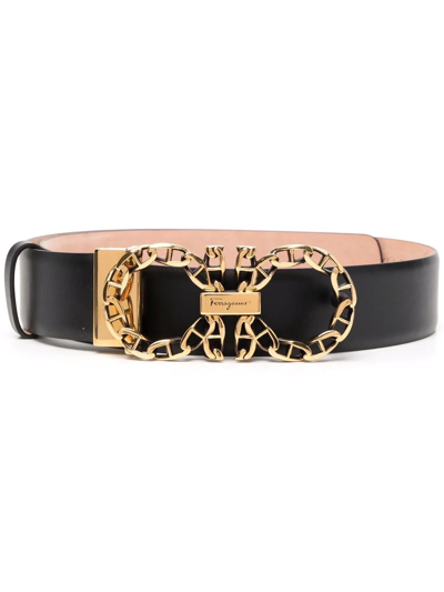 Ferragamo Gancini Buckle Leather Belt In Black