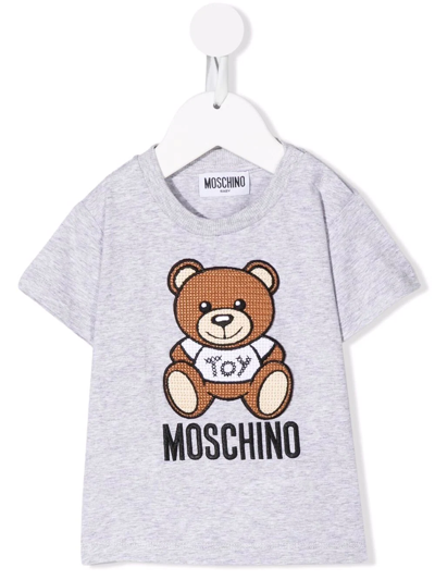 Moschino Baby Grey T-shirt With Embroidered Teddy Bear In Grigio Chiaro