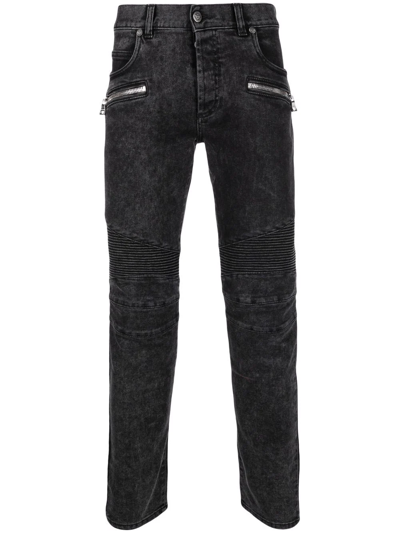 Balmain Ribbed Slim-cut Bleached Jeans In 0pa Noir