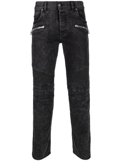 Balmain Ribbed Slim-cut Bleached Jeans In Black