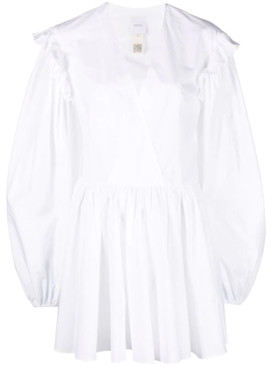 Patou Puff Sleeved Pleated Cotton Mini Dress In White