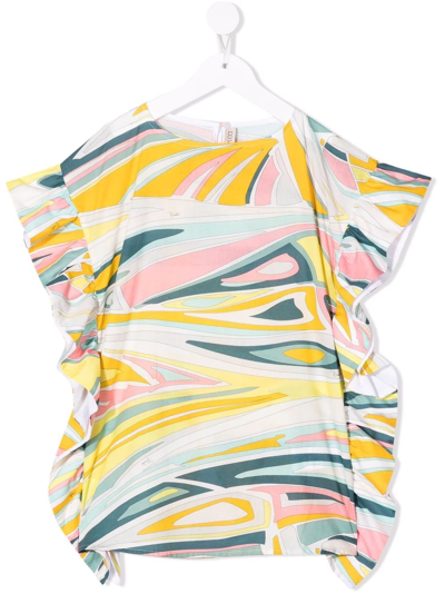 Emilio Pucci Junior Kids' Abstract-print Ruffled Dress In Yellow