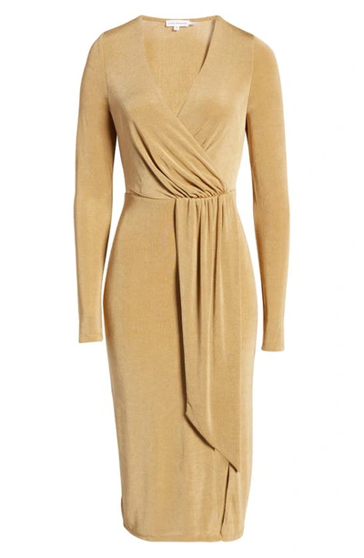 Good American Shimmer Long Sleeve Faux Wrap Dress In Sand