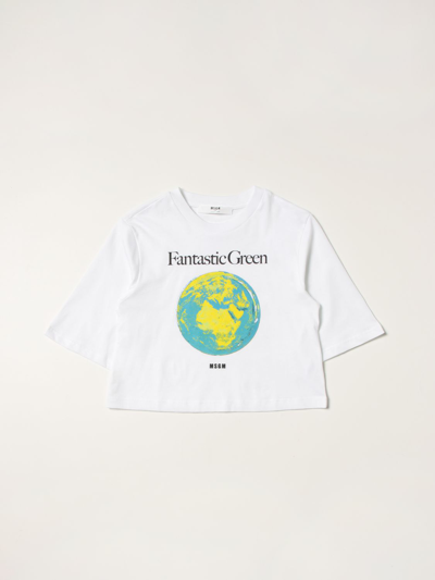 Msgm Kids' Fantastic Green T-shirt In White