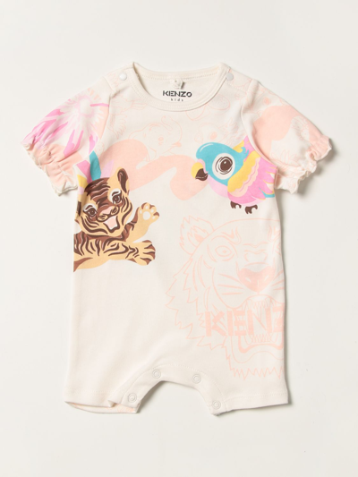 Kenzo Babies' Short Onesie With Tiger Print In Ecru