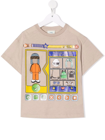 Fendi Kids' Cotton Avatar-print T-shirt In Neutrals