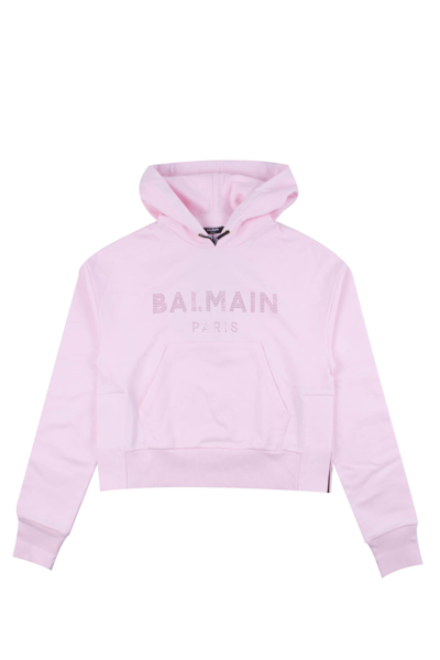 Balmain Cropped Pale Pink Cotton Sweatshirt With Rhinestone  Logo In Rose