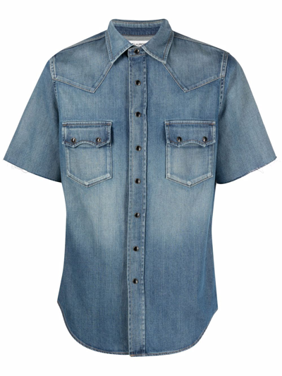 Saint Laurent Blue Short Sleeved Denim Shirt | ModeSens