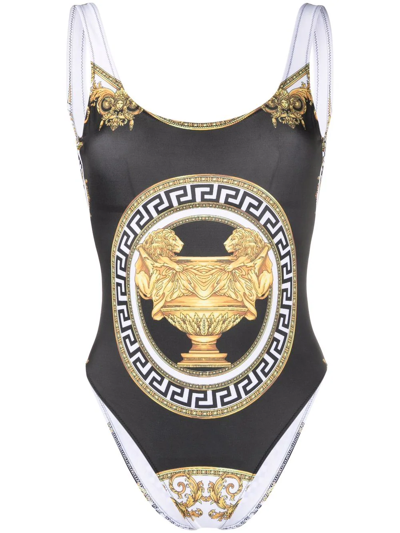 Versace Greek Key 印花连体泳衣 In Black