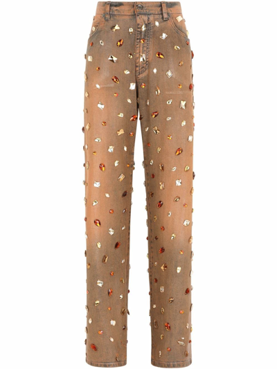 Dolce & Gabbana Crystal-embellished High-waist Jeans In Brown