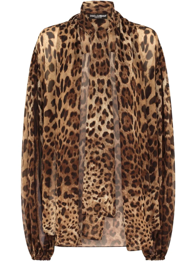 Dolce & Gabbana Leopard-print Silk Pussy-bow Blouse In Beige