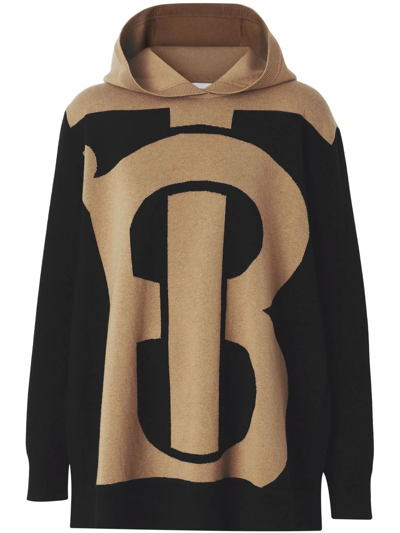 Burberry Linney Tb Monogram Hooded Cashmere Blend Sweater In Black