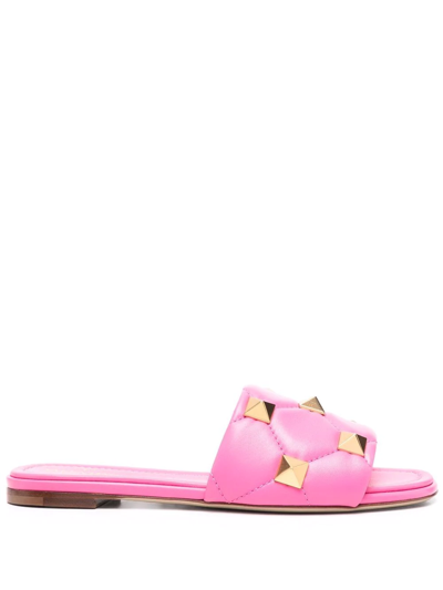 Valentino Roman Stud 5mm Flat Slide Sandals In Pink