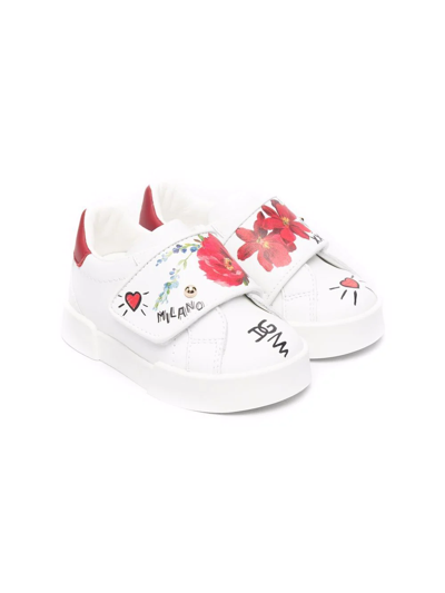 Dolce & Gabbana Kids' Floral-print Touch-strap Sneakers In White