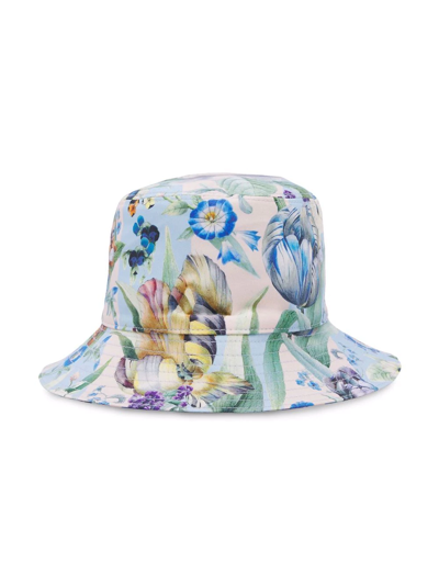 Burberry Kids' Thomas Bear Floral-print Bucket Hat In Blue