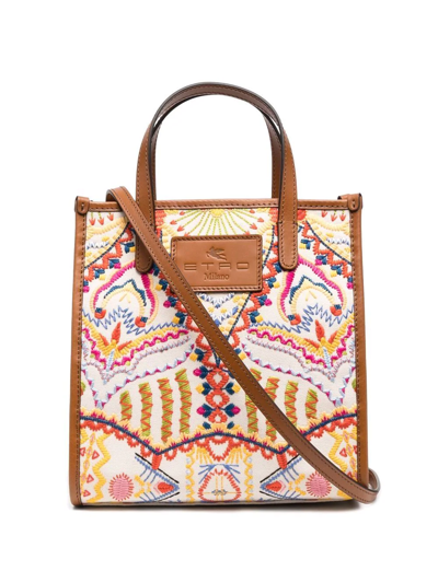 Etro Embroidered Leather Tote Bag In White