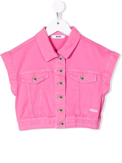 Msgm Kids' Cropped Cap-sleeve Denim Jacket In Pink