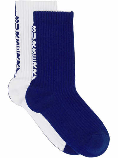 Burberry Two-tone Logo Intarsia Knitted Socks In Blue