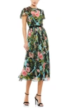 Mac Duggal Floral Illusion Cap Sleeve Midi Dress In Black Multi