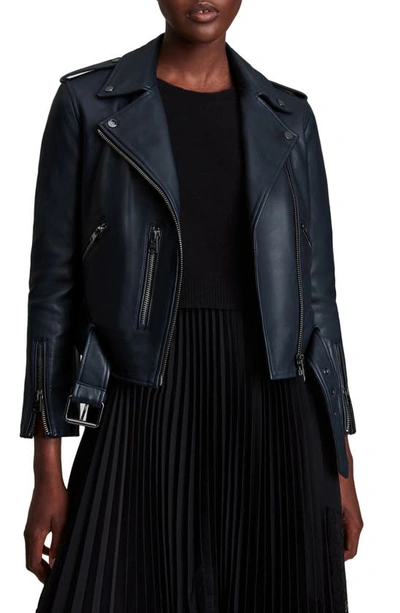 Allsaints Balfern Leather Biker Jacket In Squid Ink