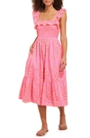 Vineyard Vines Mix Print Smocked Ruffle Cotton Midi Dress In Knockout Pink