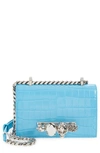 Alexander Mcqueen Croc Embossed Leather Shoulder Bag In Cerulean