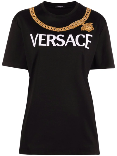 Versace Logo Chain Necklace Embroidered T-shirt In Black