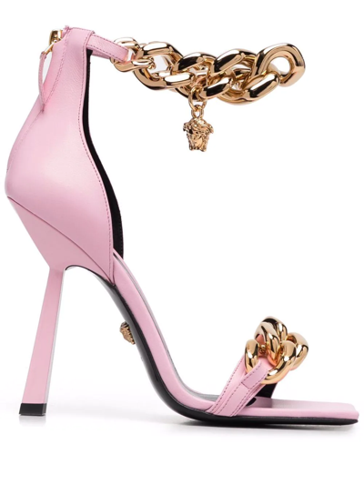 Versace Medusa Chain Metallic Leather Sandals In Pink