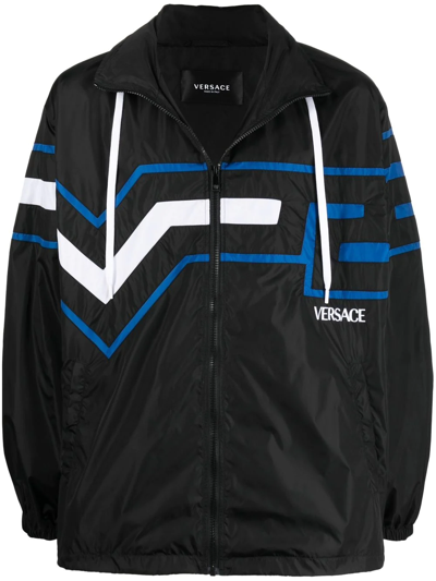 Versace Greca Logo-print Sports Jacket In Black,blue,white
