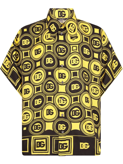 Dolce & Gabbana Oversize Dg Print Short Sleeve Silk Button-up Shirt In Multicolor