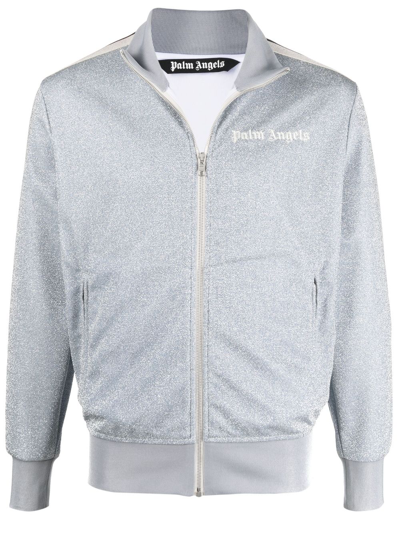 Palm Angels Metallic Striped Logo-embroidered Tech-jersey Track Jacket In Silver Off White