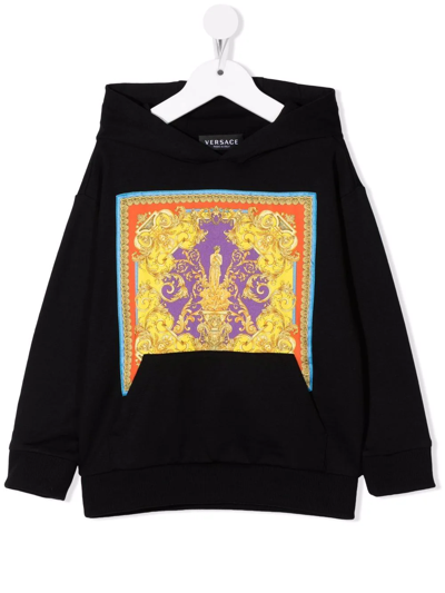 Versace Teen Barocco Goddess Print Cotton Hoodie In Black