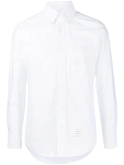 Thom Browne Embroidered-detail Long-sleeve Cotton Shirt In White