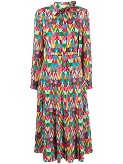 Valentino Women's Chevron-print Silk Midi Dress In Multicolored