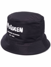 Alexander Mcqueen Black Bucket Hat With Tonal Graffiti Logo In Polyester In Blue
