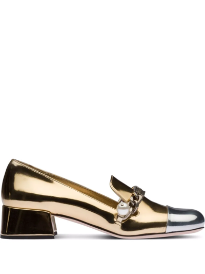 Miu Miu Metallic Patent Leather Loafers In Gold