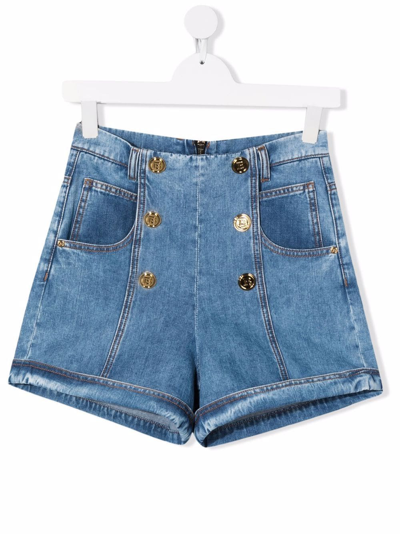 Balmain Teen Double-button Zipped Denim Shorts In Sky Blue