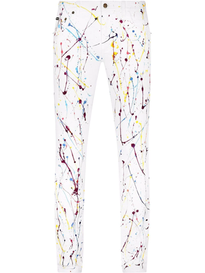 Dolce & Gabbana White Skinny Jeans With Color Splash Print