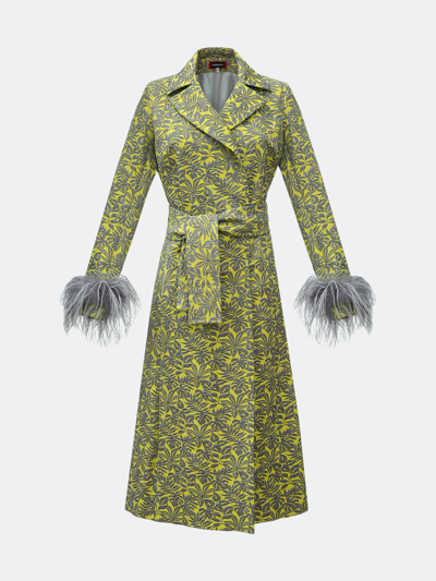 Andreeva Yellow Jacqueline Coat №22 With Detachable Feathers Cuffs In Green