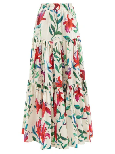 La Doublej Big Lily-print Tiered Maxi Skirt In White Lily
