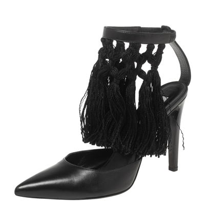 Pre-owned Aquazzura Black Leather Fringe Ankle Strap Sandals Size 38.5