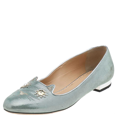 Pre-owned Charlotte Olympia Green Suede Mid Century Kitty Ballet Flats Size 41