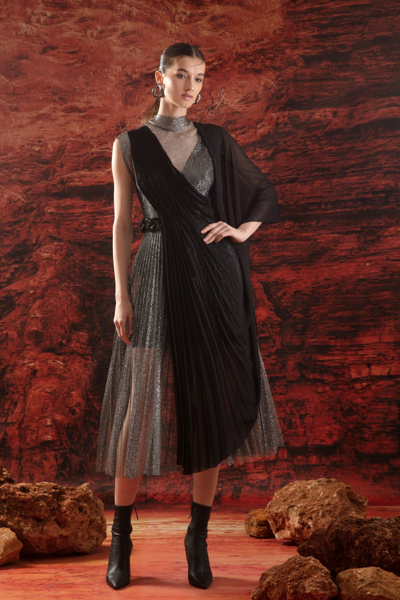 Gemy Maalouf Pleated Midi Dress With Shawl Detail