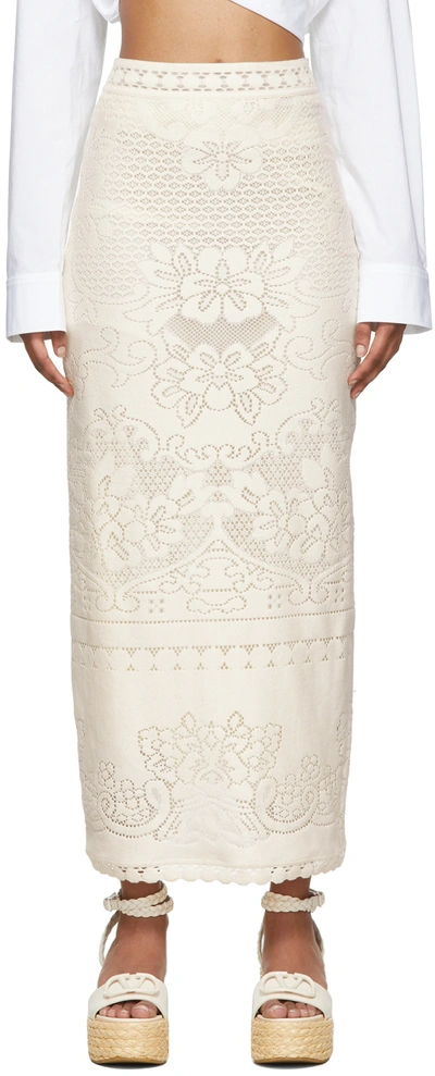 Valentino Peonies Back-slit Cotton-blend Lace Skirt In Almond